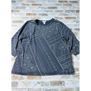 CJ Banks Womens 1X Navy Blue Geometric Floral Tile Print 3/4 Sleeve Top